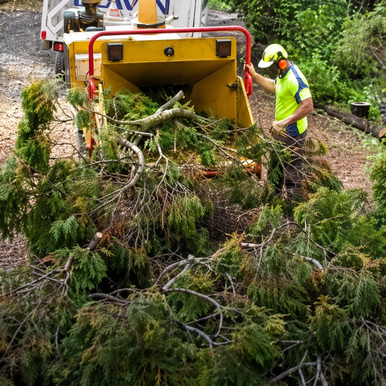 Green waste being processed by a tree chipper