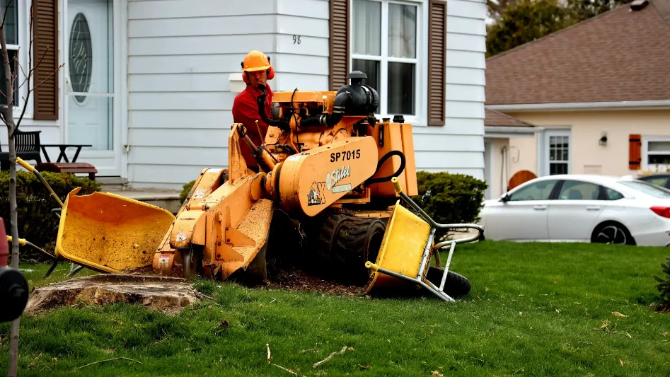 Stump grinder beside a house