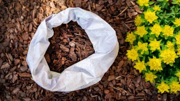 Bag of bark mulch in a garden